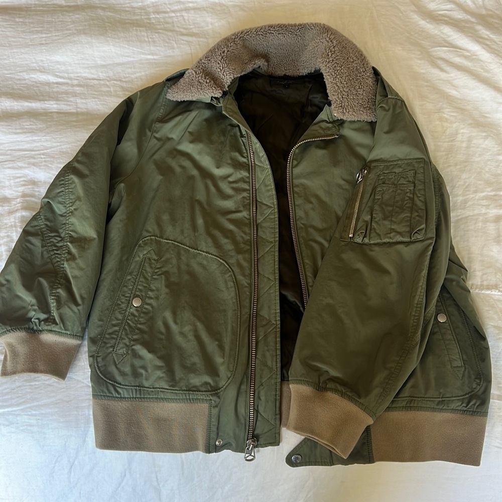 Rag & Bone military green aviator jacket with removable shearling collar